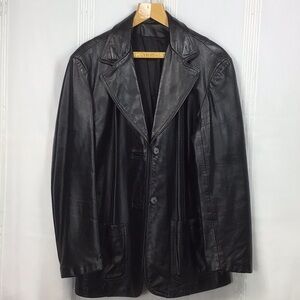 VTG Leather Black Single Breasted Front Set Pockets Jacket